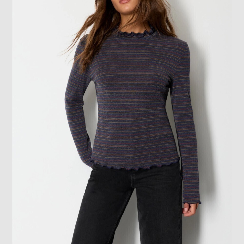 Navy / Brown / Red Striped Knit Lettuce Hem Slim Fit Long Sleeve Tee Top